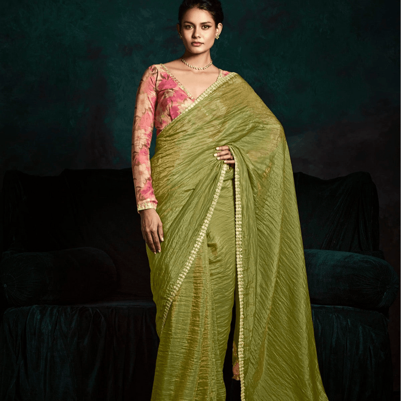 Pastel Lime Crushed Silk Saree with Pink Floral Tie-Back Blouse – S2181