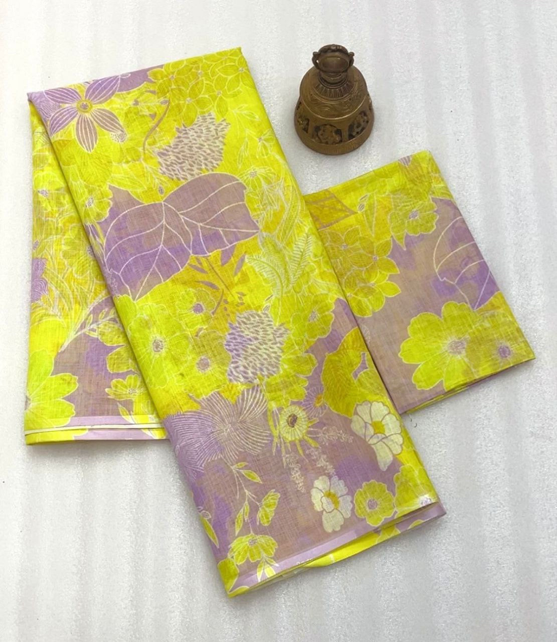 Elegant Yellow & Lavender Floral Digital Print Linen Saree β MG519