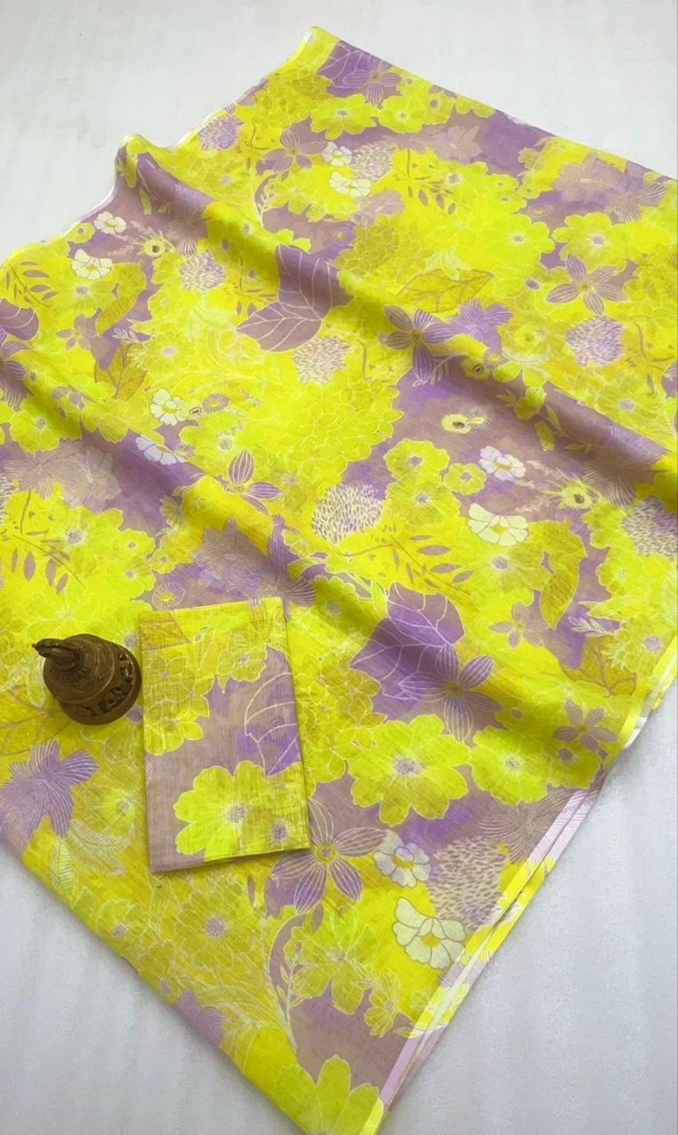 Elegant Yellow & Lavender Floral Digital Print Linen Saree β MG519