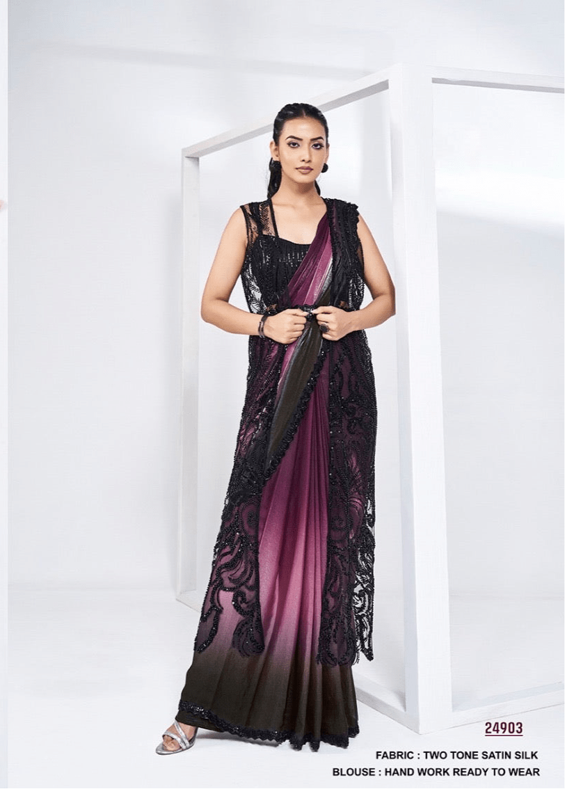 Black & Wine Two-Tone Satin Silk Saree with Designer Lace – 24903