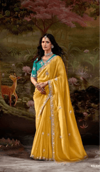 Sunshine Yellow Silk Saree with Teal Blue Floral Embroidered Blouse – KS5342