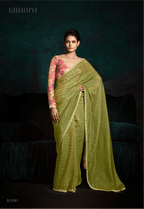 Pastel Lime Crushed Silk Saree with Pink Floral Tie-Back Blouse – S2181