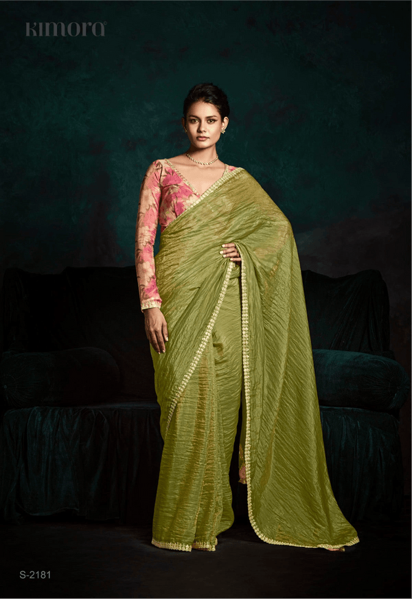 Pastel Lime Crushed Silk Saree with Pink Floral Tie-Back Blouse – S2181