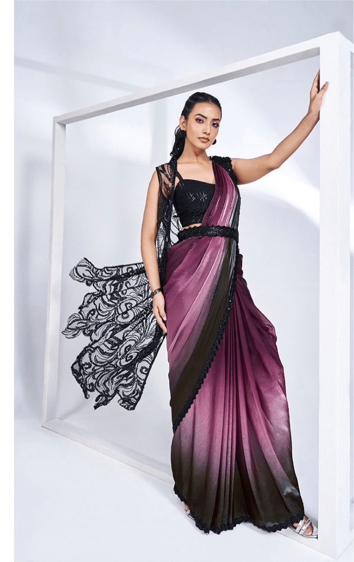 Black & Wine Two-Tone Satin Silk Saree with Designer Lace – 24903