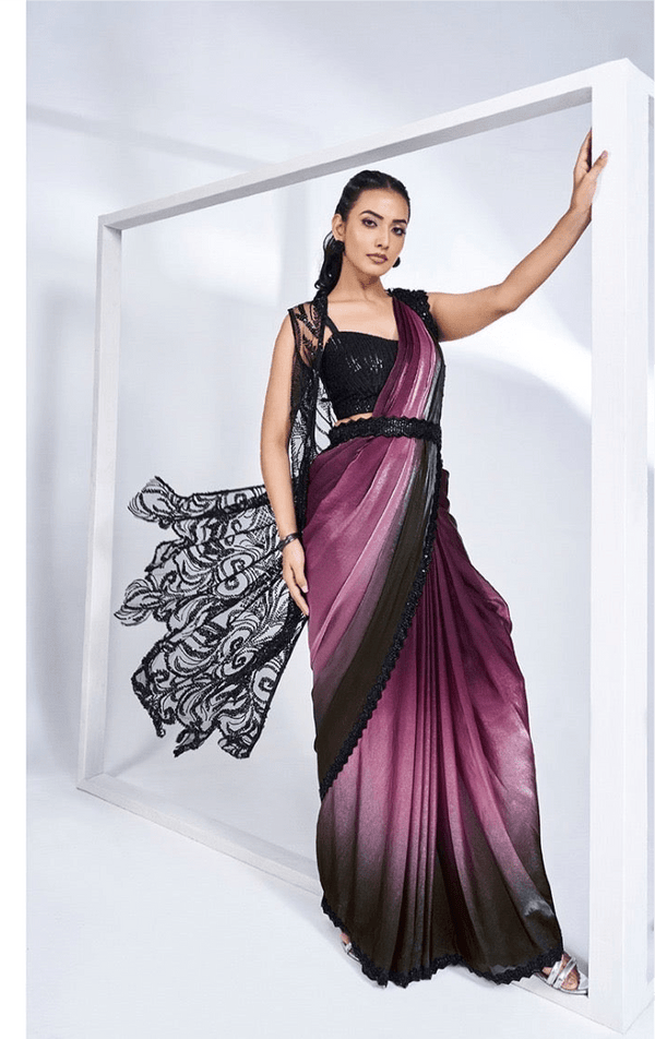 Black & Wine Two-Tone Satin Silk Saree with Designer Lace – 24903