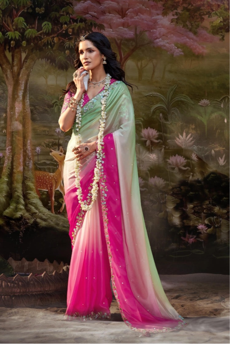 Pink & Mint Green Ombre Saree with Embroidered Magenta Blouse – KS5348