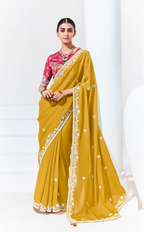 Mustard Yellow Georgette Saree with White Thread Embroidery & Floral Blouse