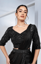 Midnight Black Two-Tone Satin Silk Saree with Sequin Embellished Blouse – 24904