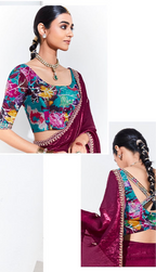 WINE SILK SAREE WITH VIBRANT FLORAL BLOUSE – A STATEMENT OF LUXURY