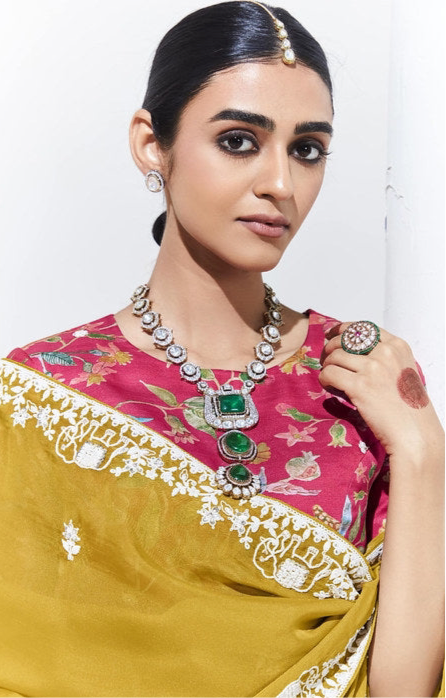 Mustard Yellow Georgette Saree with White Thread Embroidery & Floral Blouse