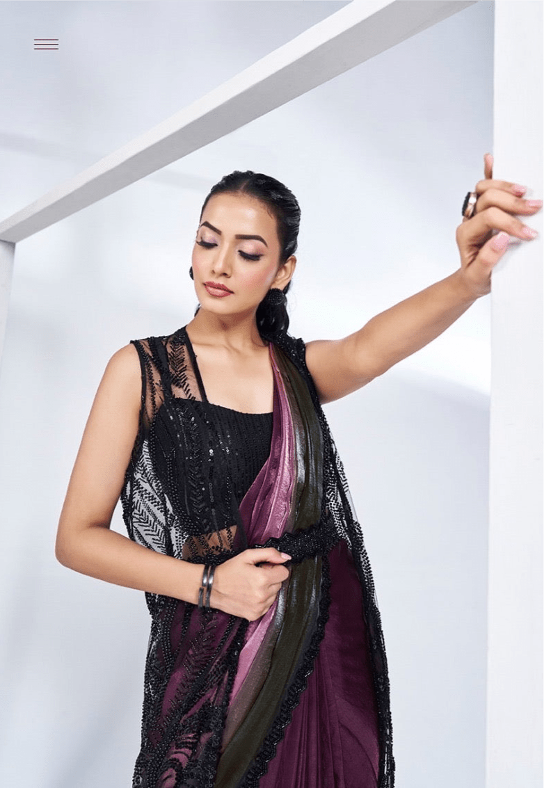 Black & Wine Two-Tone Satin Silk Saree with Designer Lace – 24903
