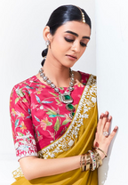 Mustard Yellow Georgette Saree with White Thread Embroidery & Floral Blouse