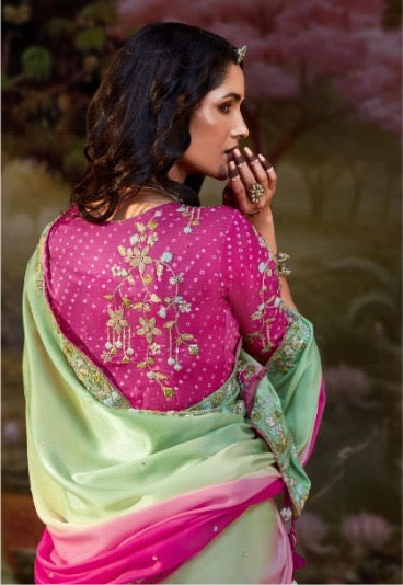 Pink & Mint Green Ombre Saree with Embroidered Magenta Blouse – KS5348