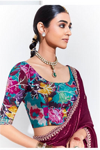 WINE SILK SAREE WITH VIBRANT FLORAL BLOUSE – A STATEMENT OF LUXURY