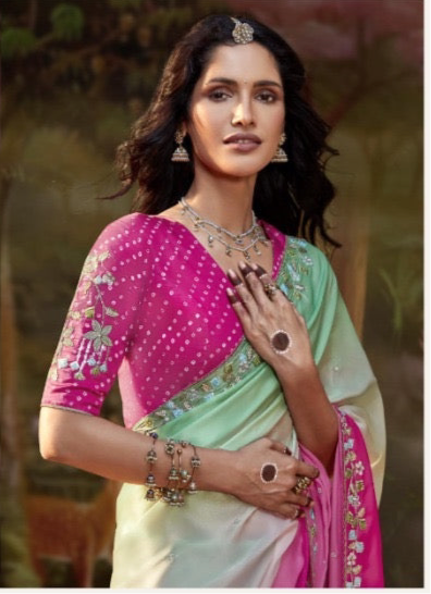 Pink & Mint Green Ombre Saree with Embroidered Magenta Blouse – KS5348
