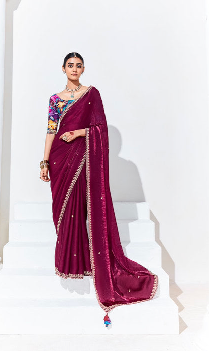 WINE SILK SAREE WITH VIBRANT FLORAL BLOUSE – A STATEMENT OF LUXURY