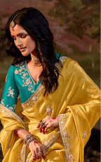 Sunshine Yellow Silk Saree with Teal Blue Floral Embroidered Blouse – KS5342