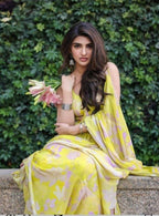 Elegant Yellow & Lavender Floral Digital Print Linen Saree – MG519