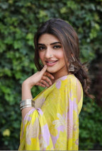 Elegant Yellow & Lavender Floral Digital Print Linen Saree – MG519