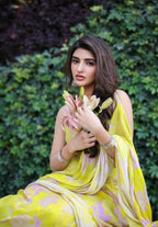 Elegant Yellow & Lavender Floral Digital Print Linen Saree – MG519
